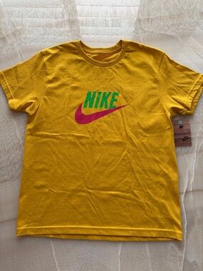 Nike Vintage Yellow Tee with Green NIKE and Pink Swoosh